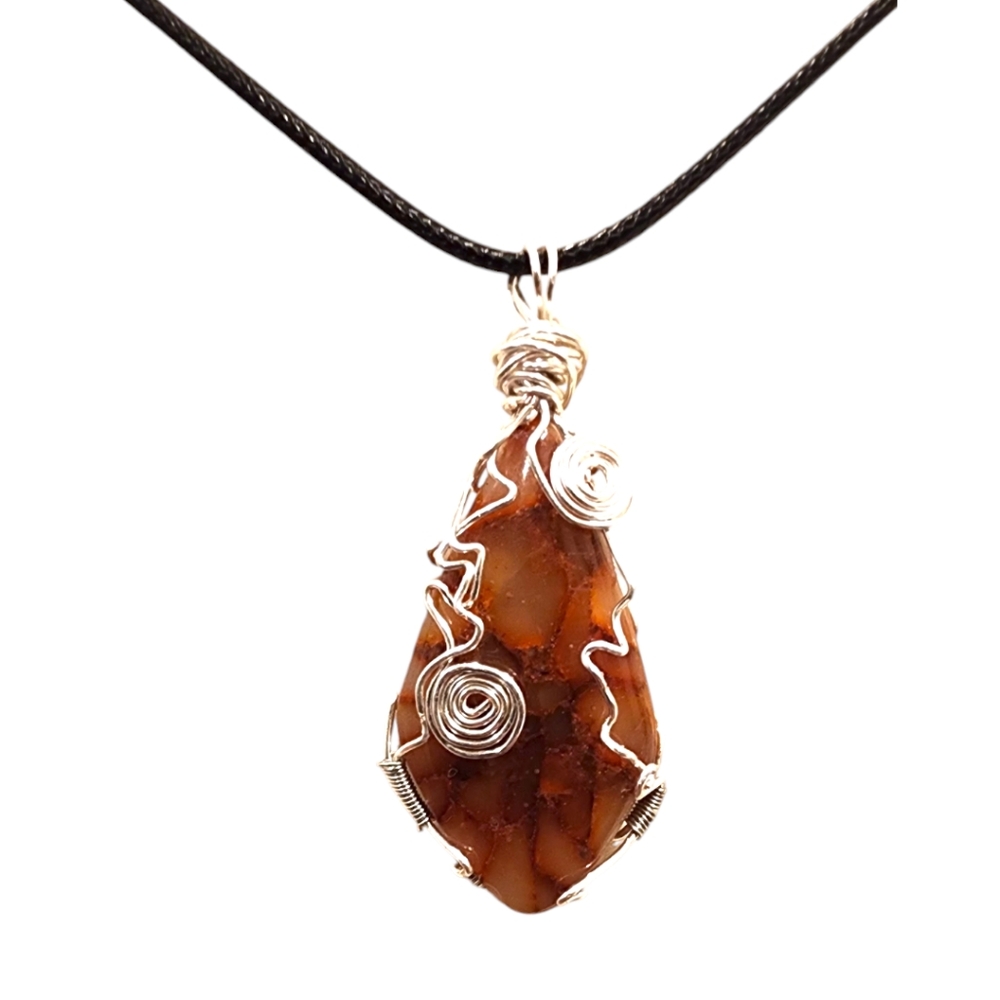 Handmade Wire Wrapped Polymer Clay Fire Agate Inspired Pendant - Picture 3 of 3